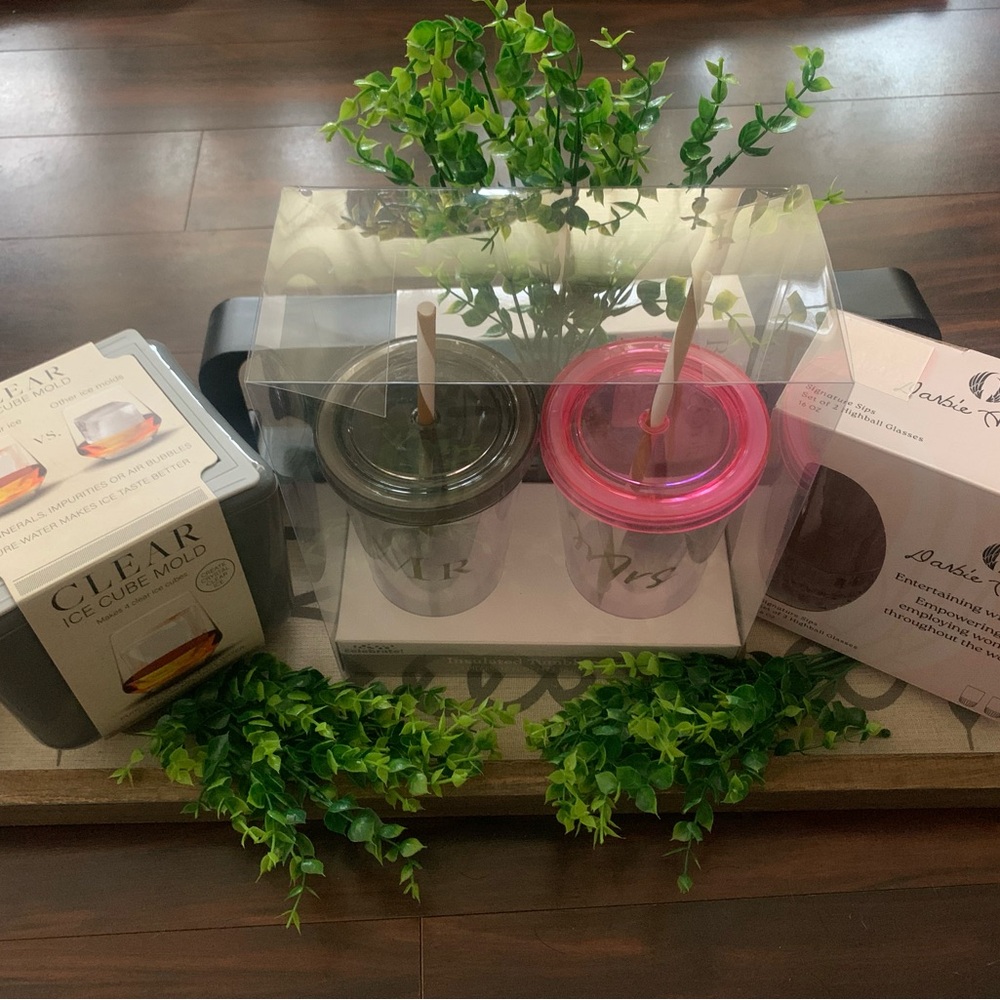 Wedding or Bridal shower gift set Pink and Gray Tumbler Set with Straws